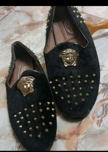 Black Studded Loafers with Medusa Accent
