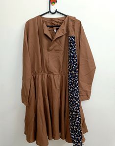 Tan Brown Women's Crepe Coat Collar Solid Flared Short Knee Length Dress, Size:XL