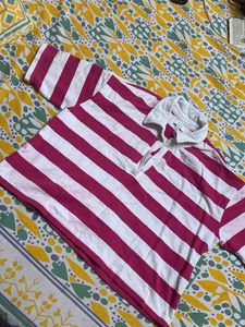 Pink &amp; White Striped Polo T-Shirt Baggy fit