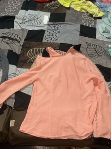 Korean Peach Lace Trim Collared Top