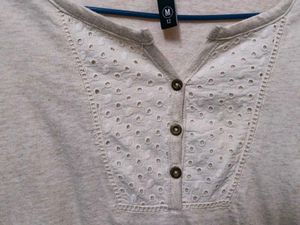 Casual Women's Cream Embroidered Henley Top Loose
