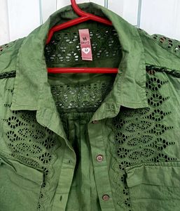 green solid shirt style top