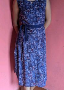 Blue Denim Print Midi Dress