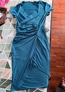 Teal Ruched Wrap Midi Dress