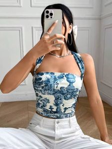 Blue & White Print Halter Neck Top