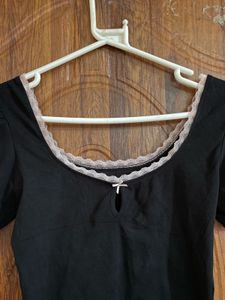 Cute Black Puff Sleeve Lace Trim Top