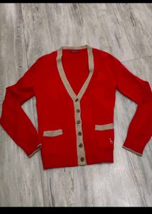 Red Cardigan with Beige Trim