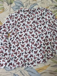White Butterfly Print Long Sleeve Top