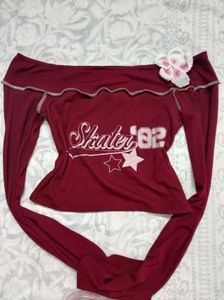 Maroon Y2k "Skater 82" Off-Shoulder Top