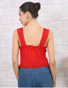 Shein Chic Red Lace-Trimmed Tie-Front Top