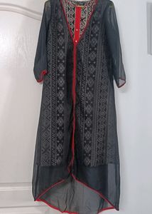 Layered Kurta/Dress - Black & Beige w Pop Of Red