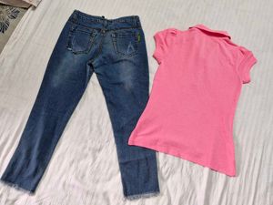 Pink Shirt And Ripped  Soft Jeans