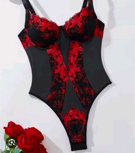 leather Black & Red  Lace Teddy Bodysuit