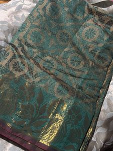 trendy Teal &amp; Gold Silk Saree