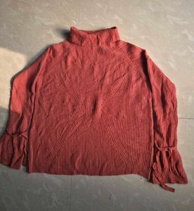 Coral Ribbed Mock Neck Bell Sleeve Sweater