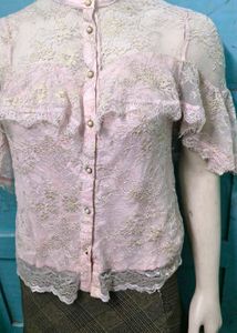 Elegant Pink Lace Blouse with Gold Accents