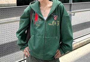 Green Zip-Up Hoodie with Embroidery