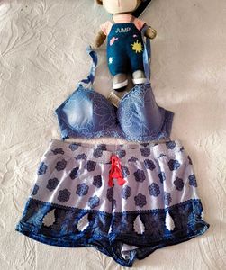 Blue Lace Bra & Sleep Shorts Set