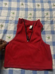 Red Sleeveless Zip-Up Crop Top (from new me)