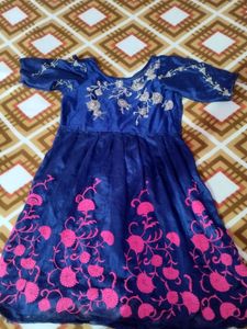Elegant Blue frock Salwar set with Pink Embroidery