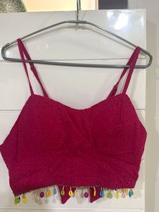 Eyelet Padded Blouse with Colorful Tassels