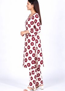 White Kurta with Burgundy Floral Print
