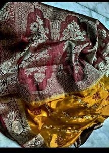 mustard yellow meroon Pure Silk Saree