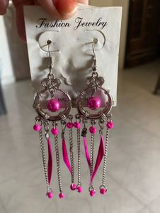 New Pink Boho Dangler Earrings with Chains & Beads