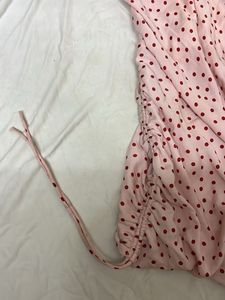 Pink Polka Dot Ruched Mini Dress