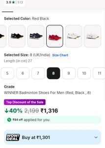 Grade WINNER Badminton Shoes For Men (Red, Black,