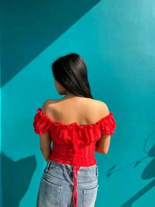 Red Off-Shoulder Smocked Top