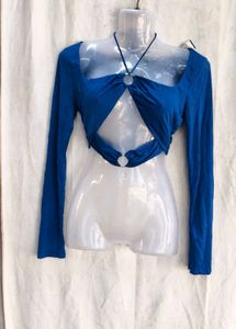 Blue Cutout Ring Detail Long Sleeve Top