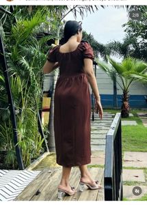 Chic Brown Puff Sleeve Midi Dress