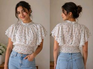 Chic Floral Print Smocked Top