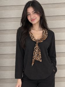 Chic Black Top with Leopard Print Scarf Detail
