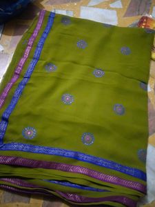 Elegant Olive Green Embroidered Saree