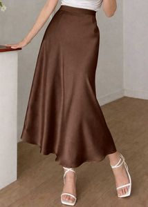 Elegant Women Flowy Satin Midi Skirt – Beige