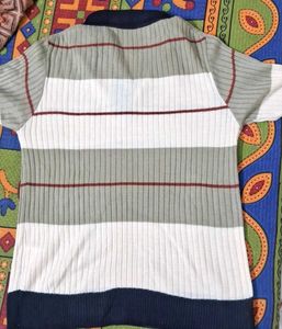 Striped Polo Neck Knit Top