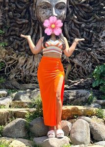 High Slit Ribbed Maxi Skirt - Vibrant Orange