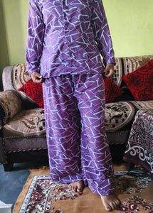 Purple Geometric Print night suit &amp; coat Set