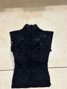 Black Lace Mock Neck Top