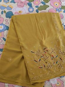 Georgette Embroidered Green Saree