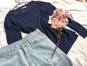 🎁Navy Blue Crocheted Sweater R