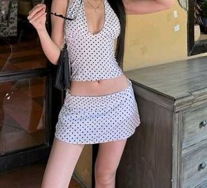 y2k Polka Dot Halter Neck Crop Top &amp; Skirt Set