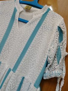 New Boho Chic White &amp; Blue Lace Kurti with linning