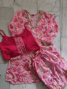 Beautiful Pink Floral Kurta Set with Mirror Work