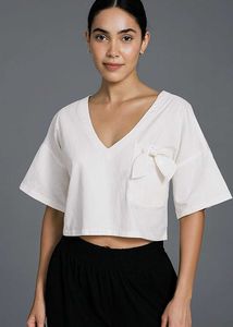 Cream Cropped V-Neck Top with Bow Pocket