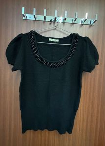 Elegant Black Top with Beaded Neckline