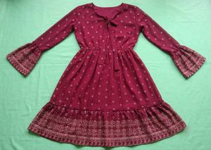 Maroon Printed Bell Sleeve Dress