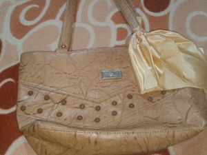 Stylish Tan Shoulder Bag with Scarf Accent